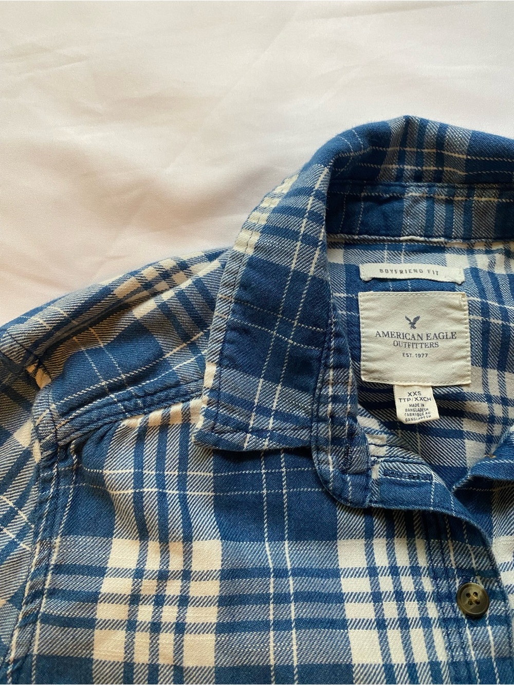 American Eagle Outfitters Blue and Cream Plaid Button-Down Shirt